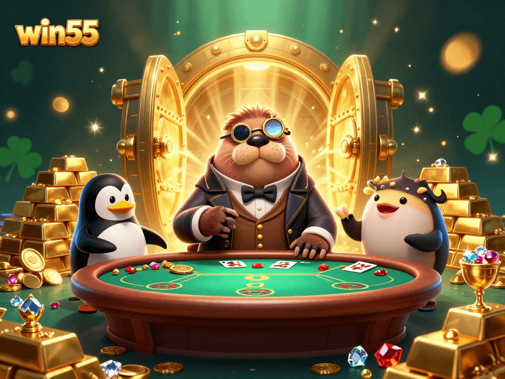 Experience thrilling poker moments at win55, showcasing characters in a high-energy underwater casino scene.