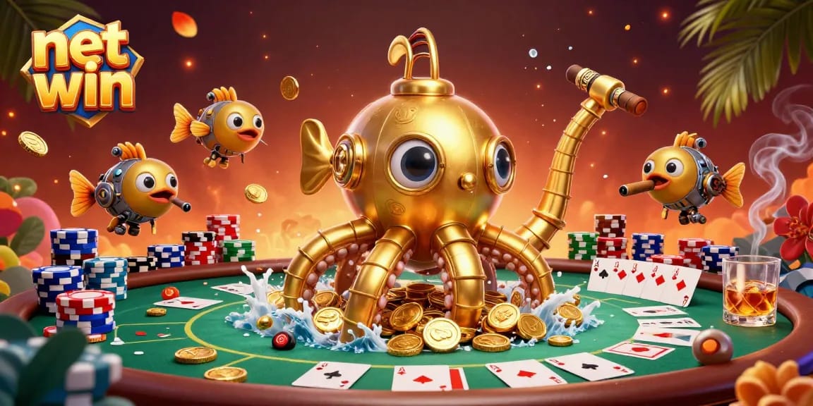 Engage in the net win strategy, with a golden kraken submarine surrounded by poker games and treasures.