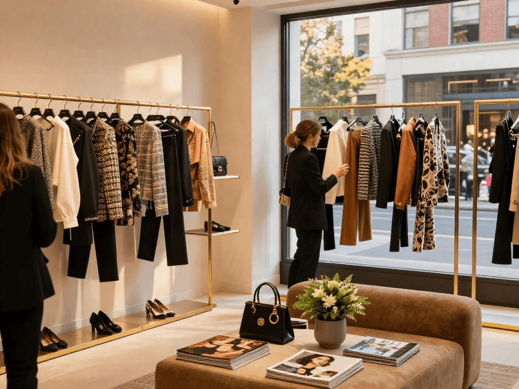 Pengunjung di butik fashion mewah, mengeksplorasi koleksi luxury111 dan aksesori modis dalam suasana elegan.