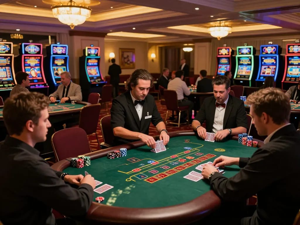 Migliori casino online europei with players engaged in intense blackjack gameplay and vibrant casino ambiance.