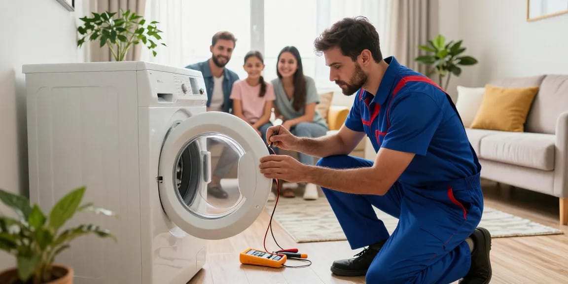 Washing machine repair technician troubleshooting an appliance in a Deira apartment.