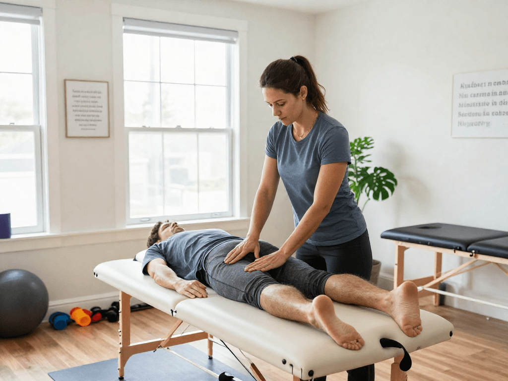 Physical Therapist in Scarborough Maine performing myofascial release on a patient in a bright and welcoming clinic.
