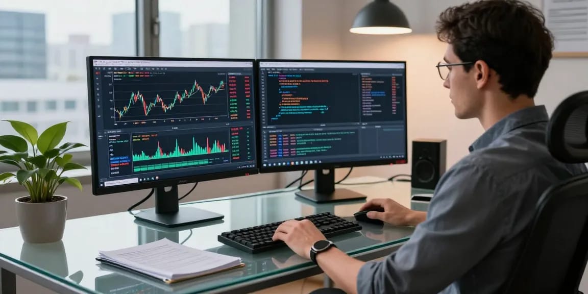 Trader using mt5 for automated trading in a modern workspace