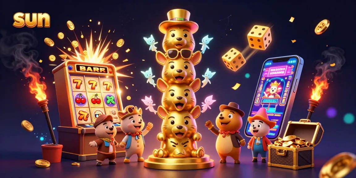Experience thrilling casino action with the sun-themed golden totem pole and dynamic slot machine.