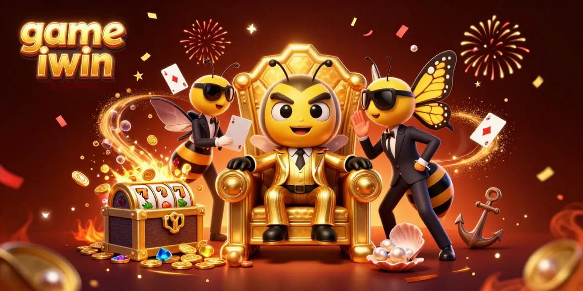 Play thrilling games with game iwin in a vibrant casino scene featuring a bumblebee mob boss and slot reels.