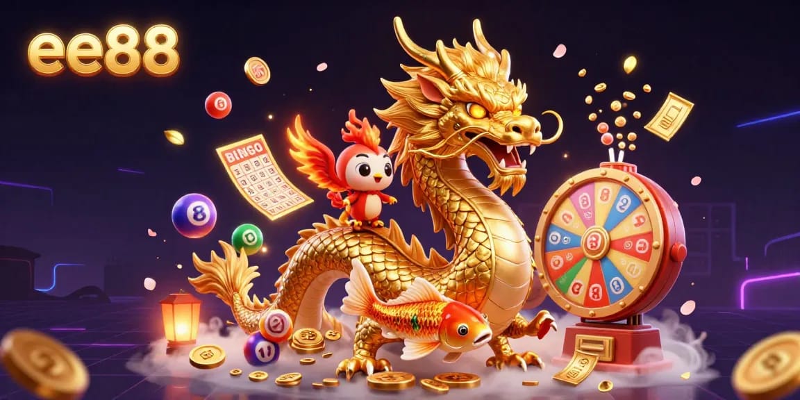Engage with the rich gaming experience at ee88 featuring a dragon and phoenix amidst a dynamic casino scene.