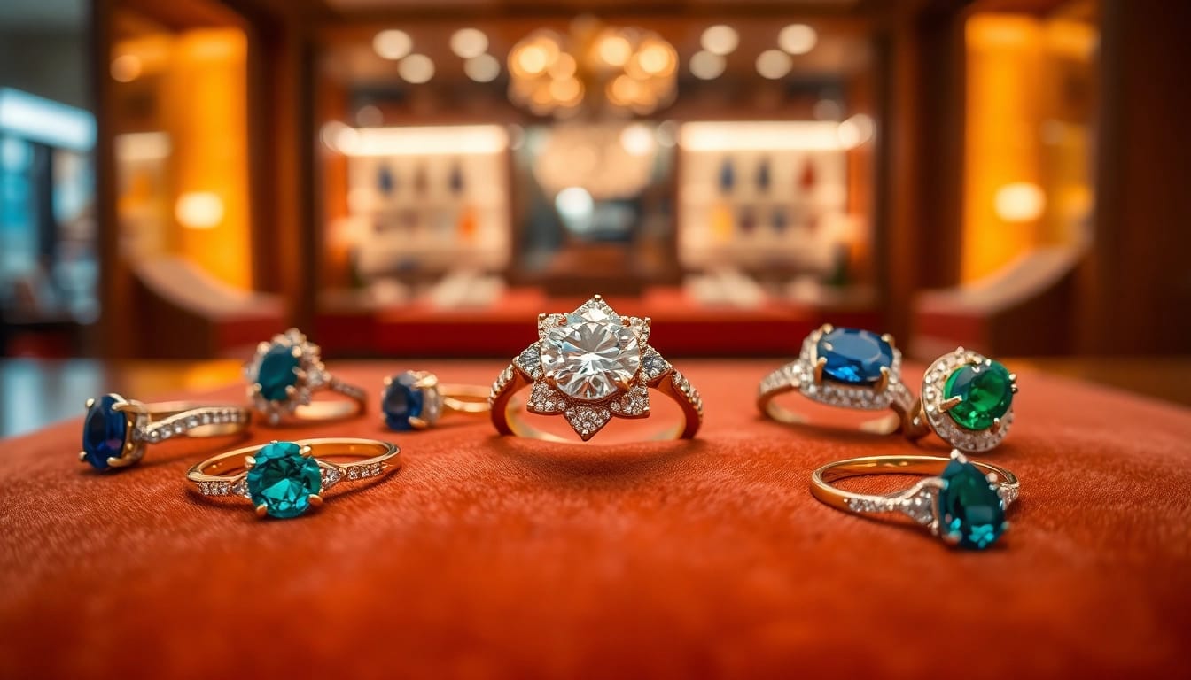 Showcase of luxury rings highlighting intricate designs with sparkling gemstones.