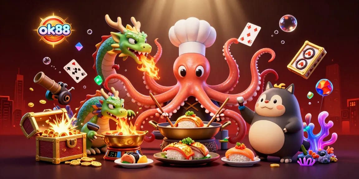 Experience excitement at ok88's vibrant casino scene featuring an octopus chef and dragon, with dynamic gaming elements.
