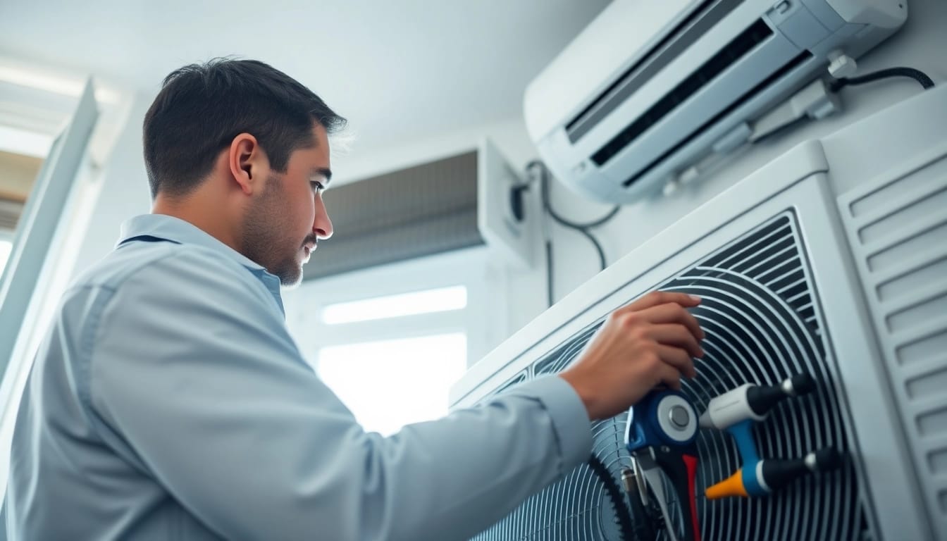 Technician servicing residential heating and cooling unit effectively.