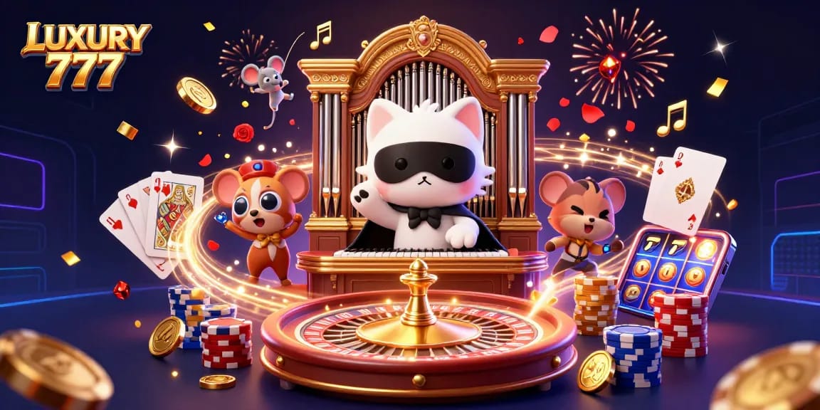 Rasakan pengalaman mewah di LUXURY 777 saat merayakan kemenangan dengan mesin slot dan chip kasino yang berwarna-warni.