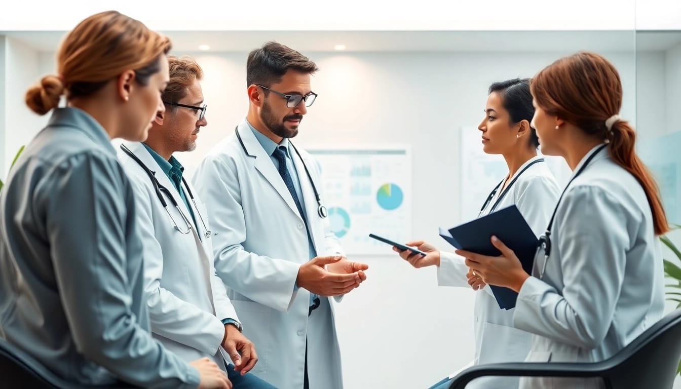 Consultation in a modern longevity clinic Sydney showcasing advanced diagnostics with a diverse healthcare team.