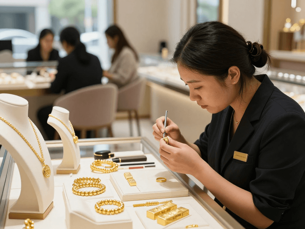 Jeweler examining 24K gold ring at a professional jewelry store focused on mantra88.