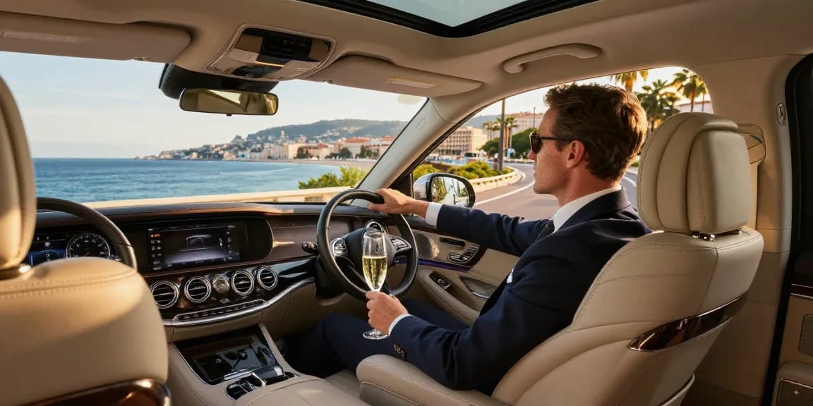 Expérience de transfert aéroport Nice dans une voiture de luxe avec chauffeur sur la Côte d'Azur.