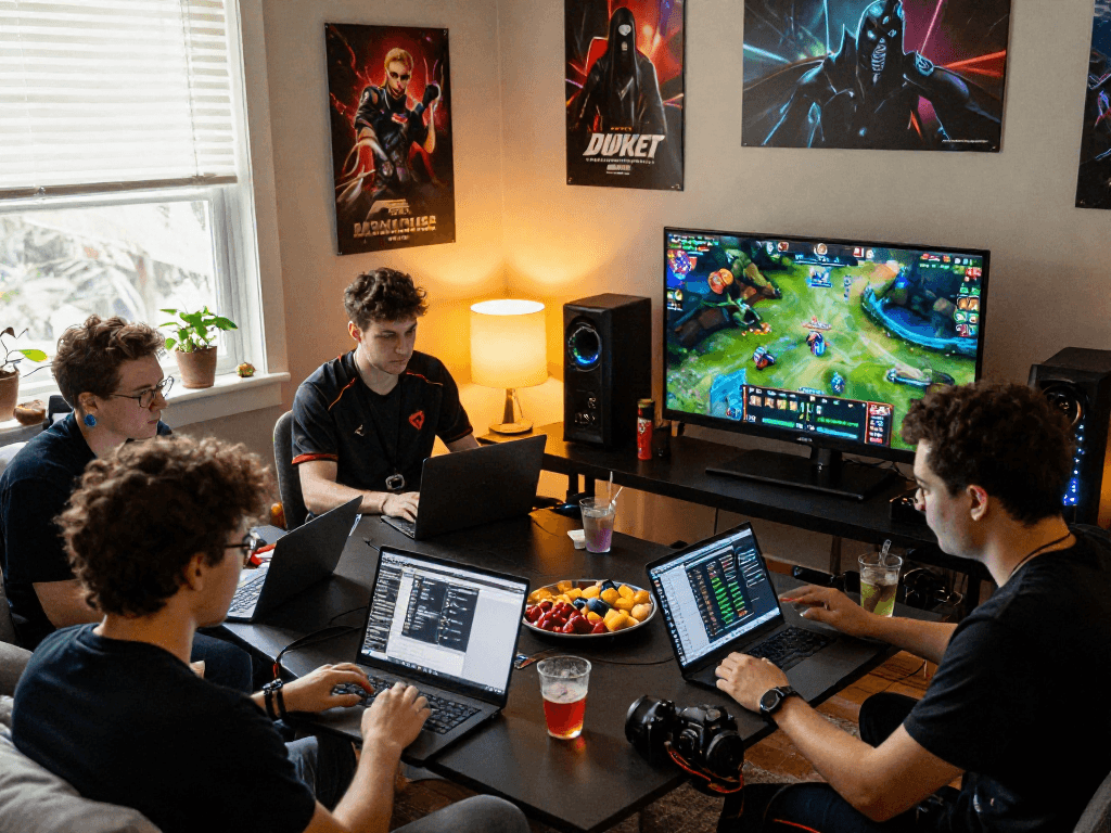 Diverse group discussing 롤토토 betting strategies in a lively esports setup.