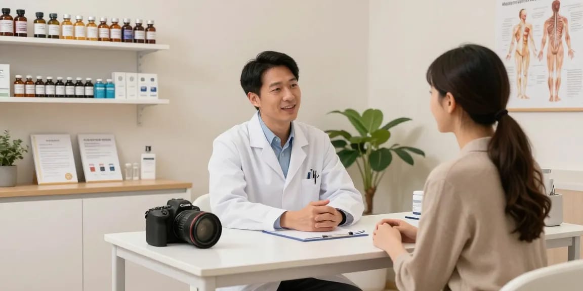 Client consultation with a peptide supplier near me in a wellness clinic.
