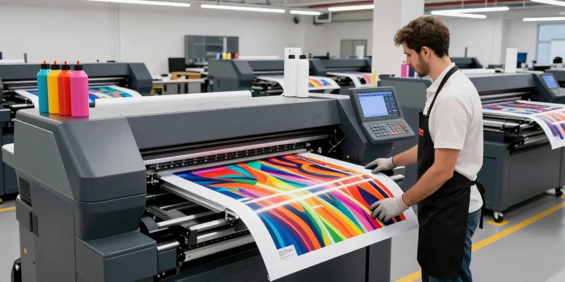 Professional operator adjusting settings on poster printer machines in a vibrant print shop environment.