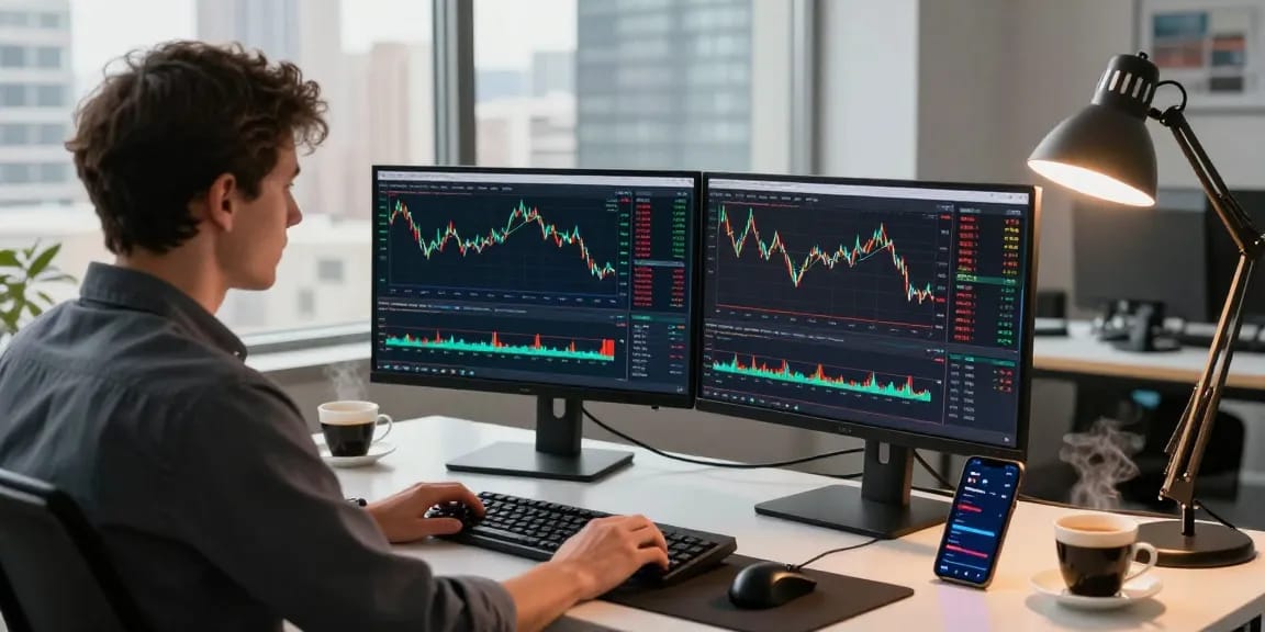 Trader using MetaTrader 4 on dual monitors in a modern trading setup with charts and data.