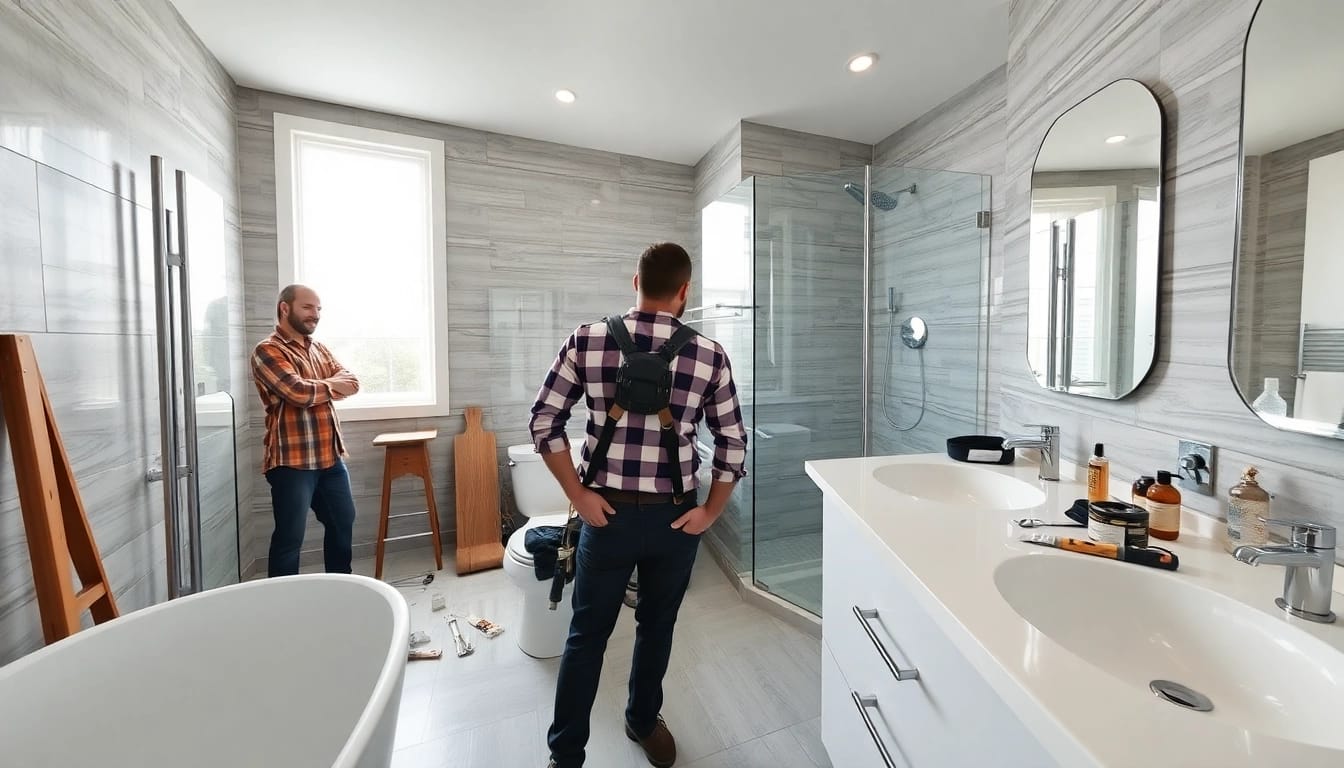 Skilled bathroom remodeling contractors transform a modern bathroom space.