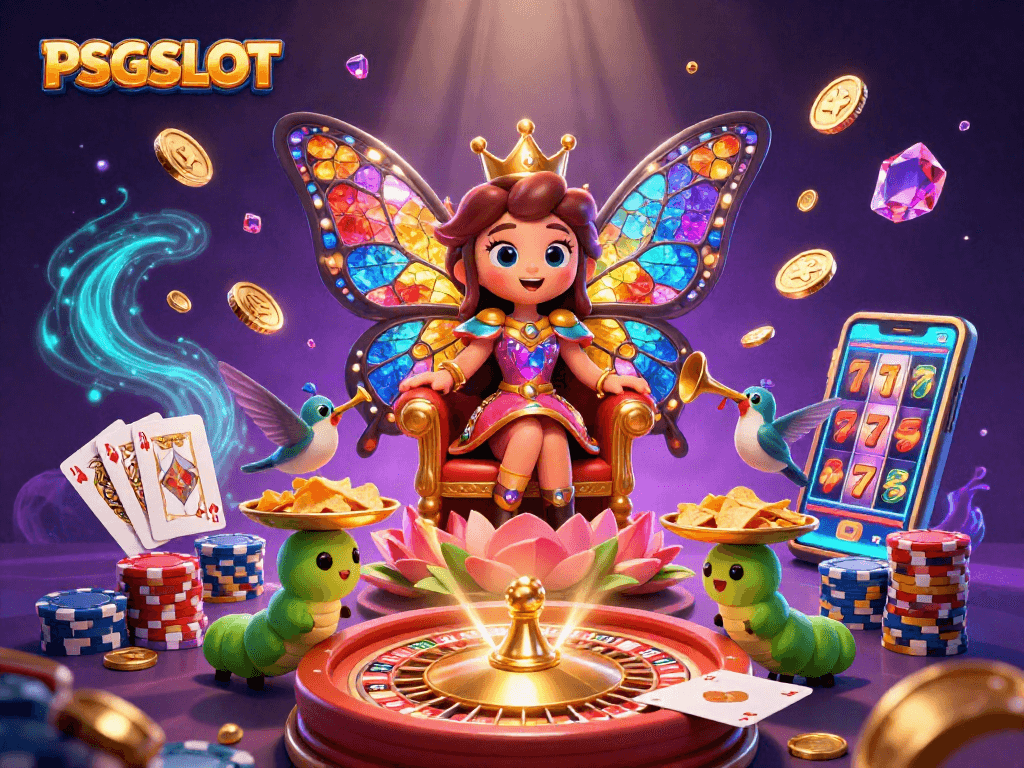Engage with PSGSLOT's colorful butterfly queen amidst golden coins and gaming excitement.