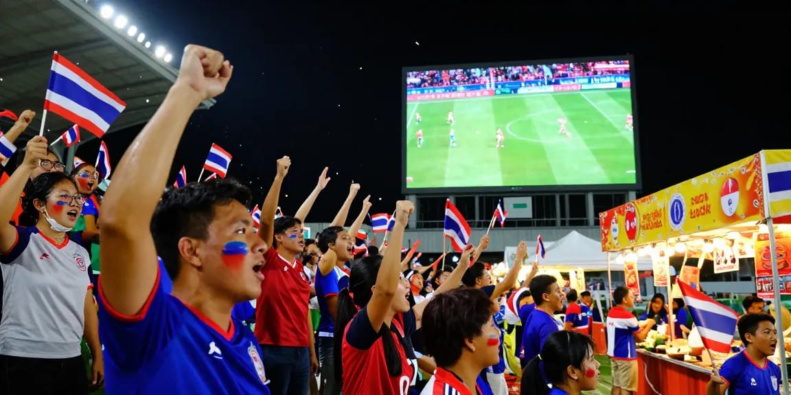 แฟนบอลชาวไทยสนุกสนานกับเดิมพันบอลโลกรอบชิงในสนามฟุตบอลที่มีแสงสปอร์ตไลท์หลังเกมสำคัญ