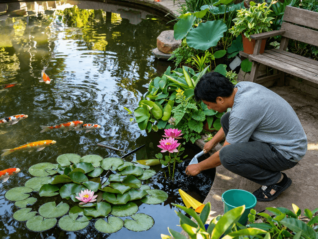 Pond Plants being planted by an enthusiast beside a tranquil garden pond surrounded by lush foliage and koi fish.