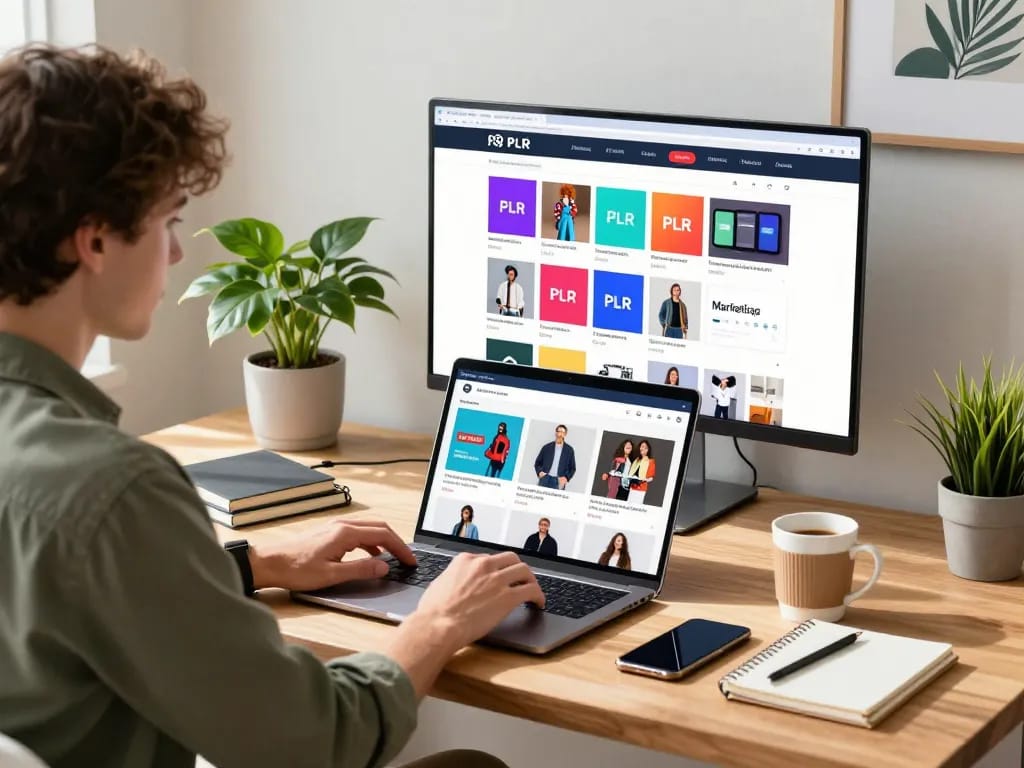 Buy PLR Digital Products in a vibrant e-commerce workspace with laptop and creative materials.