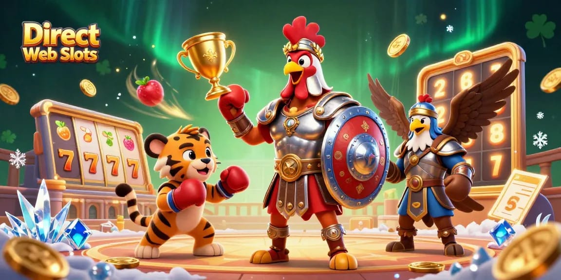 Experience the excitement of Direct Web Slots in this vibrant 3D illustration featuring a gladiator rooster.