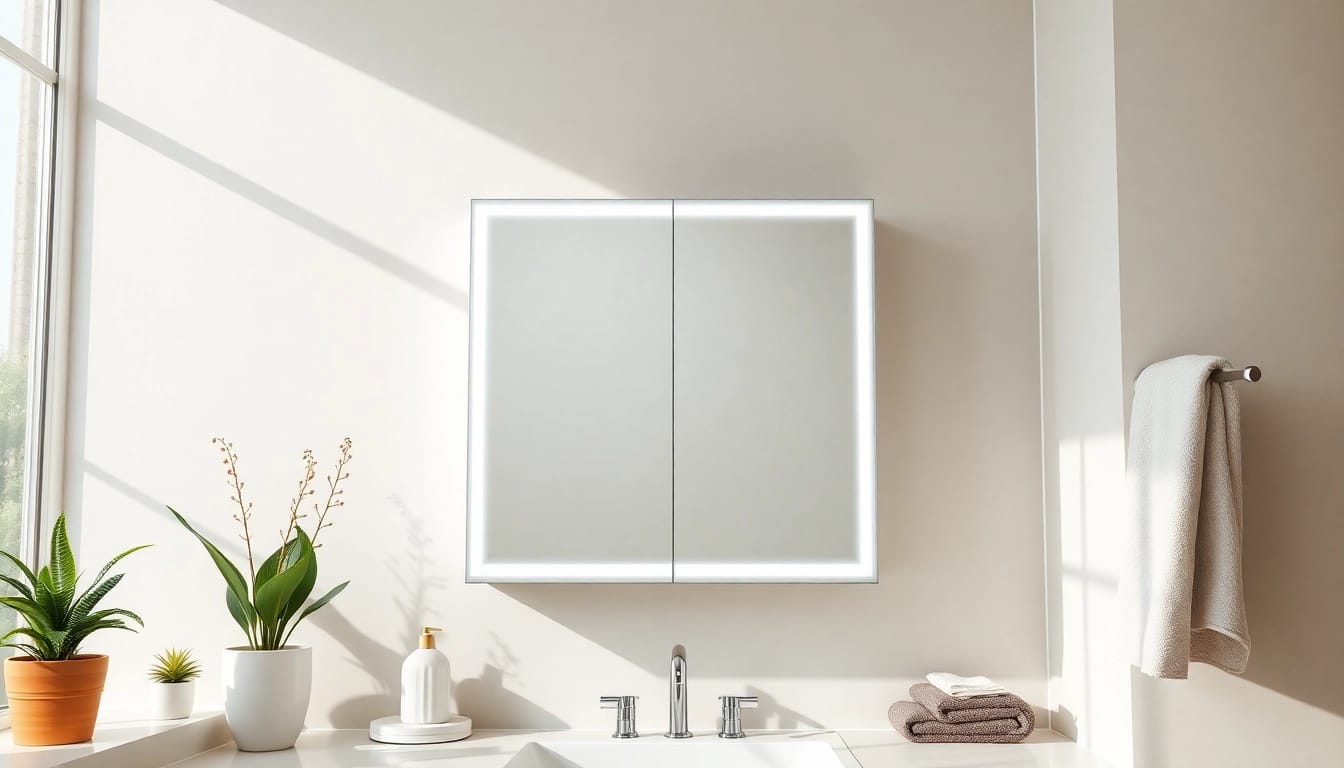 Stylish mirrored bathroom cabinet with light enhancing a modern bathroom decor.