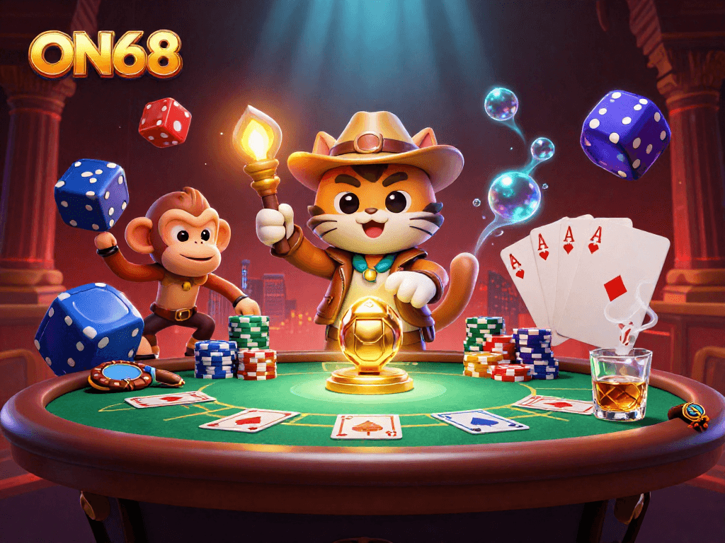 Explore ON68's thrilling jackpot games with vibrant casino visuals and dynamic characters.
