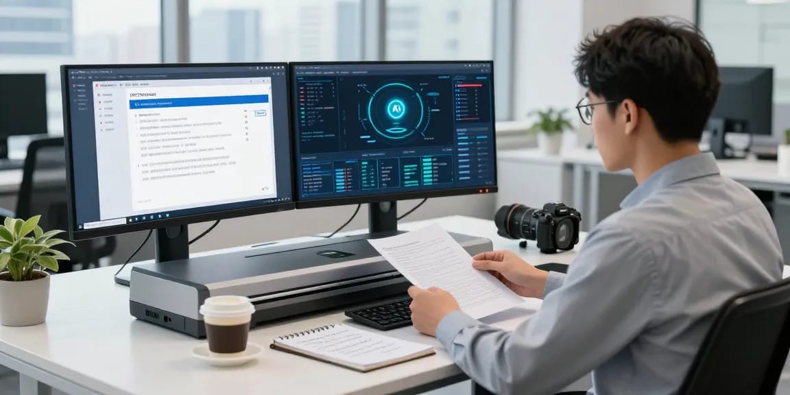 Advanced document fraud detection monitoring with data analysis visuals emphasizing high-tech solutions.