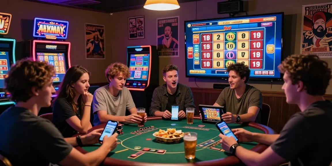 Pengalaman bermain situs slot seru dengan pemain yang bersemangat di ruang nyaman yang penuh cahaya LED.