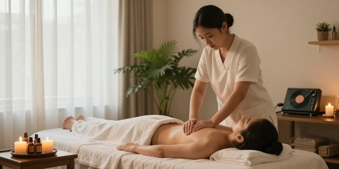 Swedish massage experience with a therapist using soothing techniques in a room filled with candles and plants.