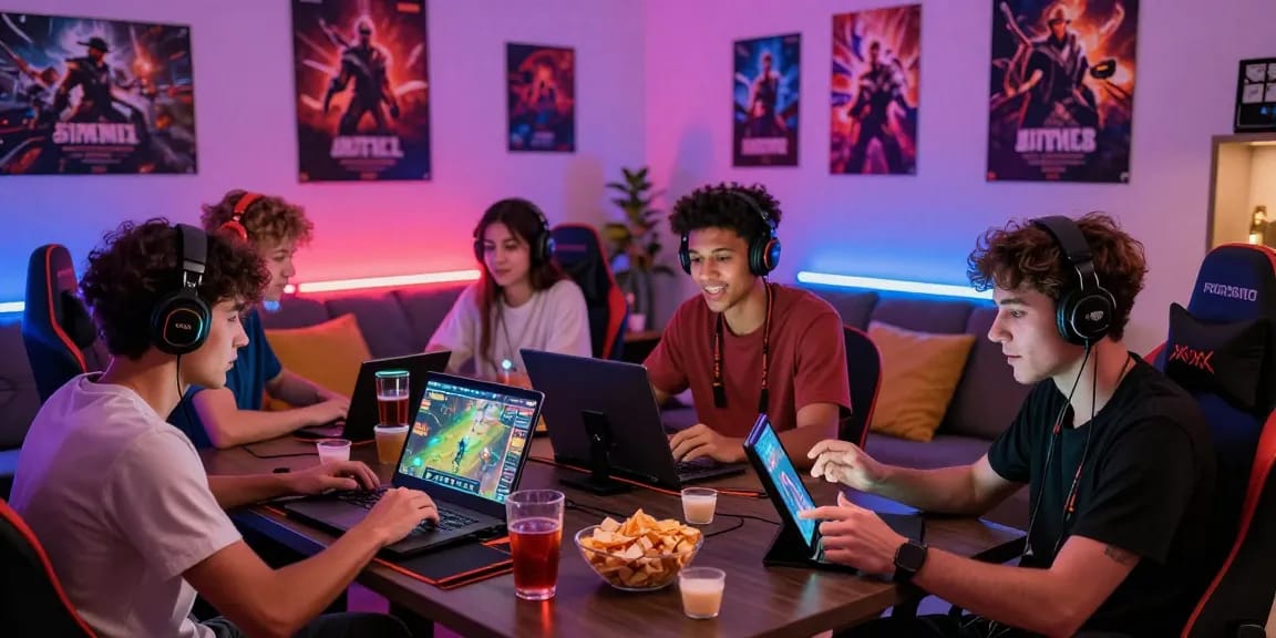 Group of gamers enjoying xxx games in a vibrant gaming room atmosphere with devices.