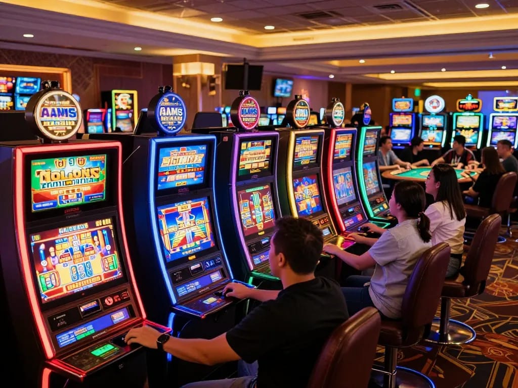 Players engaging with slot machines in a dynamic casino non aams environment, showcasing vibrant lights and excitement