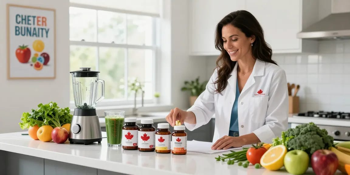 Explore made in Canada supplements in a bright kitchen filled with fresh ingredients and a nutritionist arranging products.