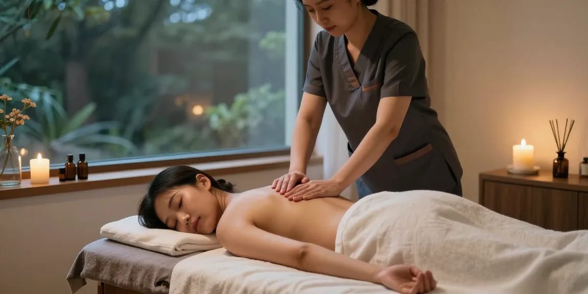 Enjoying a 출장마사지 session at home with a professional therapist, tranquil setting, soothing atmosphere, and essential oils.