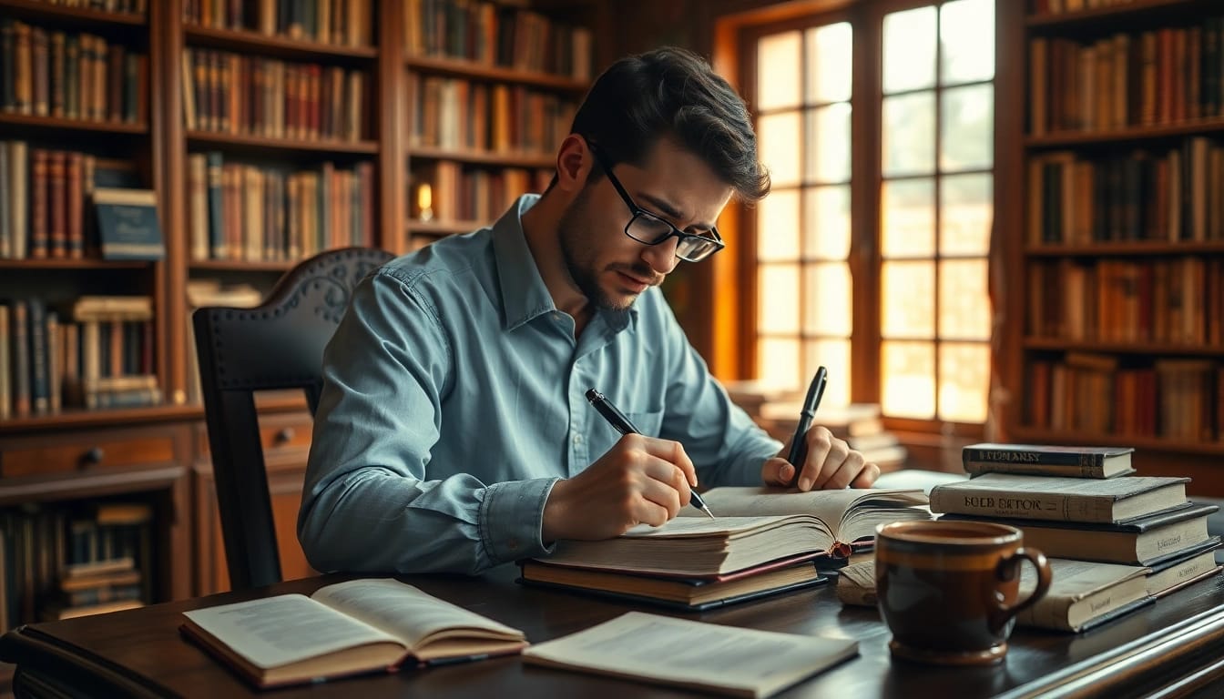 Author writing with focus at a vintage desk surrounded by books in a cozy library.