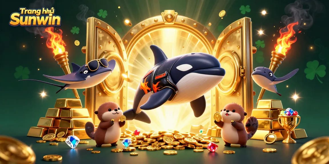 Experience exciting gameplay at Trang chủ Sunwin with 3D cartoon characters surrounded by glittering gold and treasures.