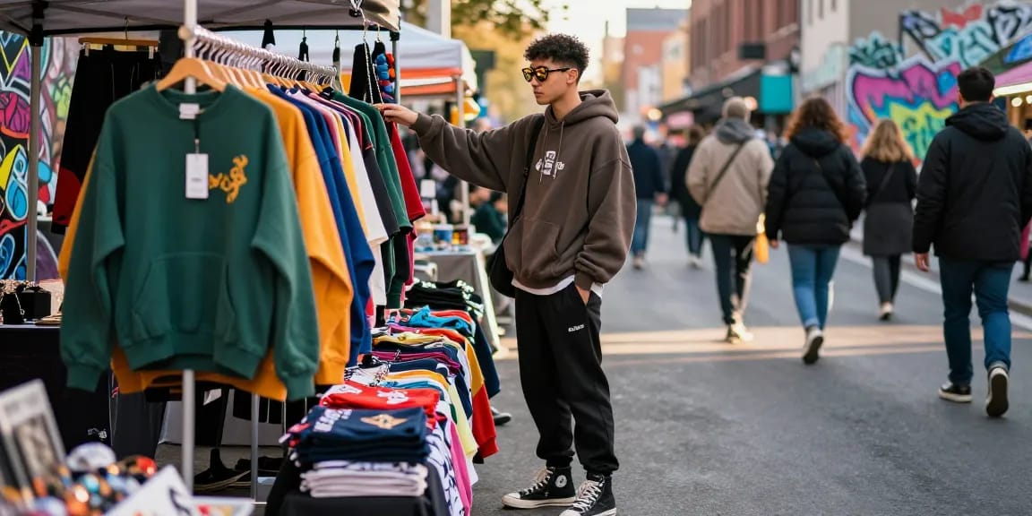 Youth exploring trendy fashion items at market stall featuring Kakobuy spreadsheet selections in an urban setting.