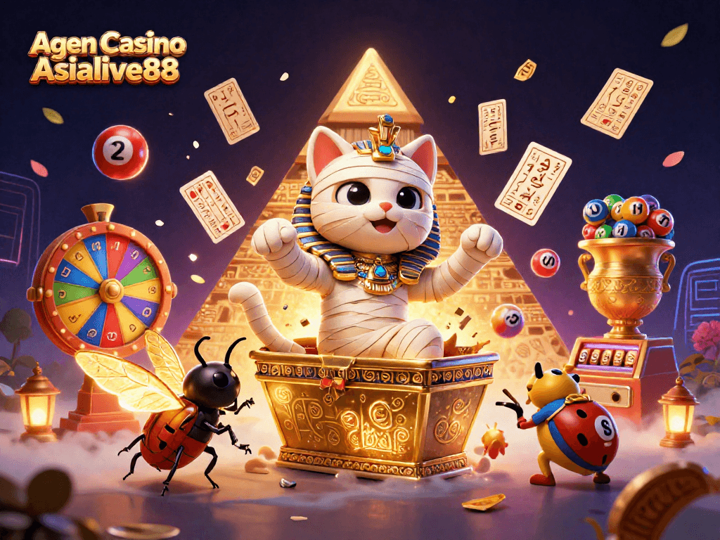 Agen Casino Asialive88 showcases an Egyptian mummy cat amidst vibrant casino elements, engaging players.