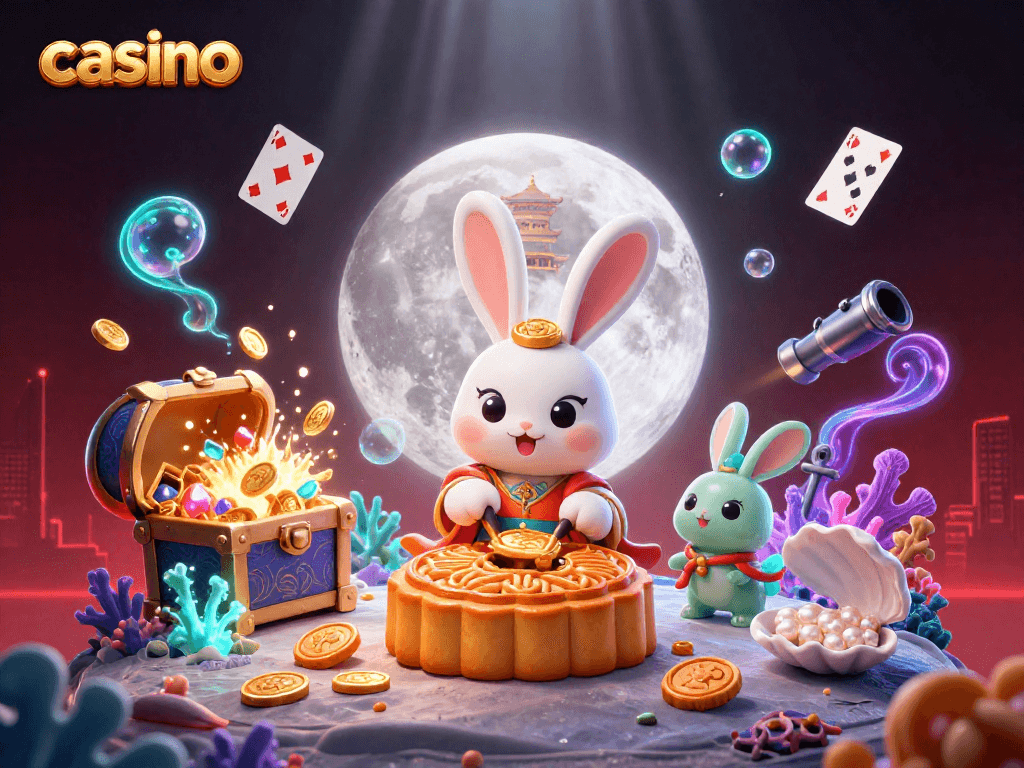 Engage in casino fun with a 3D moon rabbit revealing poker chips and treasures.