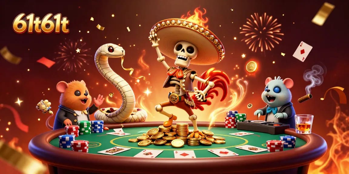 61t61t anima um carnaval de apostas com personagens vibrantes ao redor de mesas de poker.