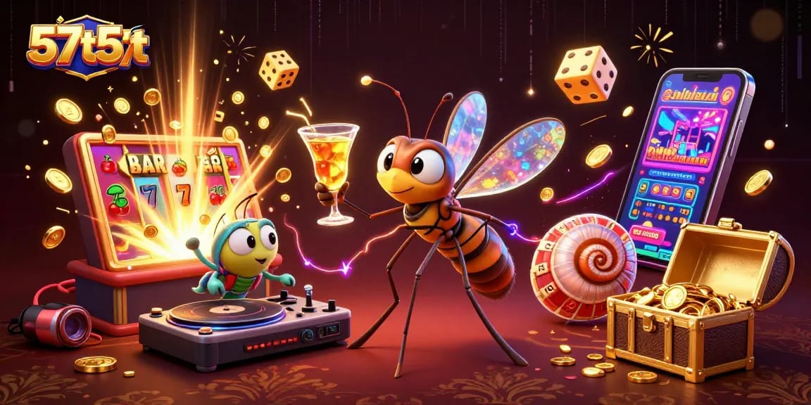 Experience thrilling gameplay at 57t57t with a vibrant casino scene of a mascot and dynamic gaming elements.