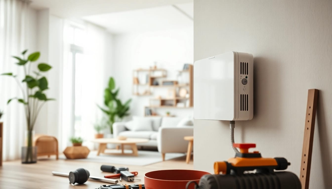 Die Installation eines modernen heizkörper mit minimalistischen Design in einem hellen Wohnraum.