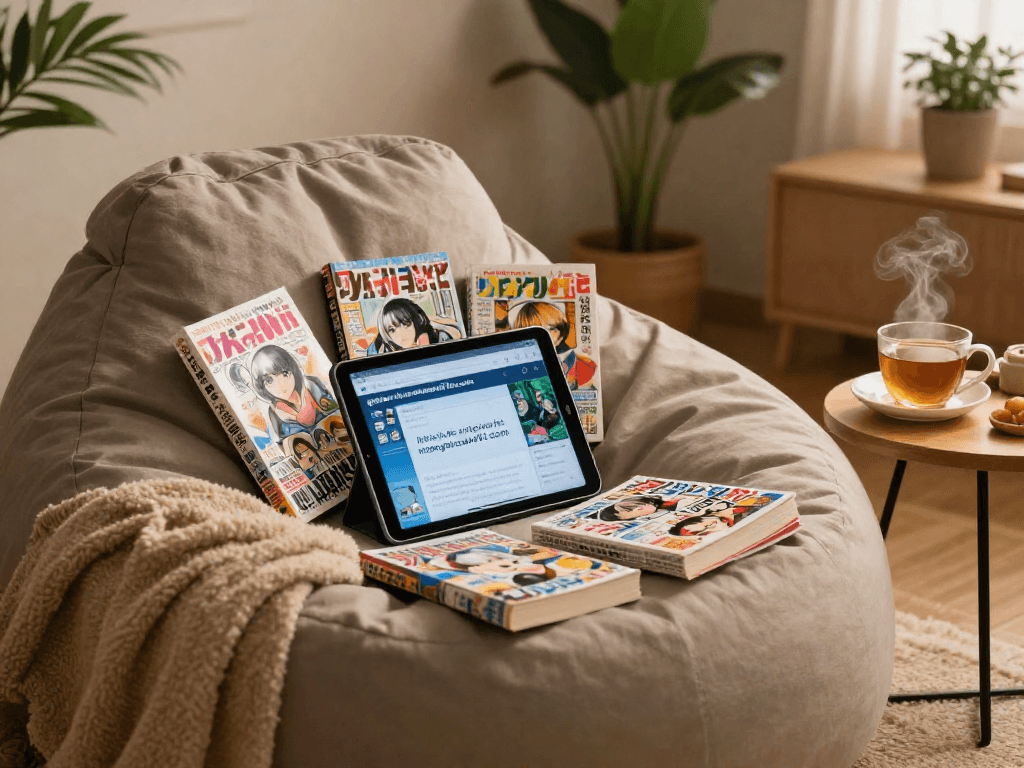 Enjoying a cozy reading nook with manga from https://hitomi-mangaraw01.com/ and warm ambiance for relaxation.