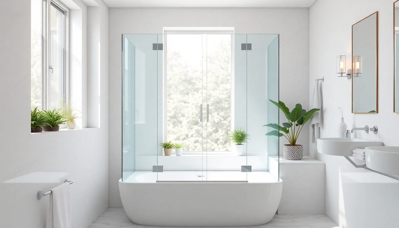 Showcasing semi-frameless shower screens in a modern bathroom design with natural lighting.