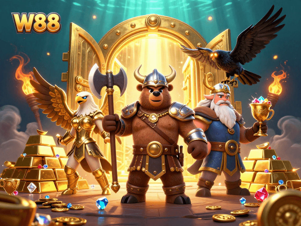 Experience thrilling moments at W88 with vibrant 3D illustration showcasing a casino adventure.