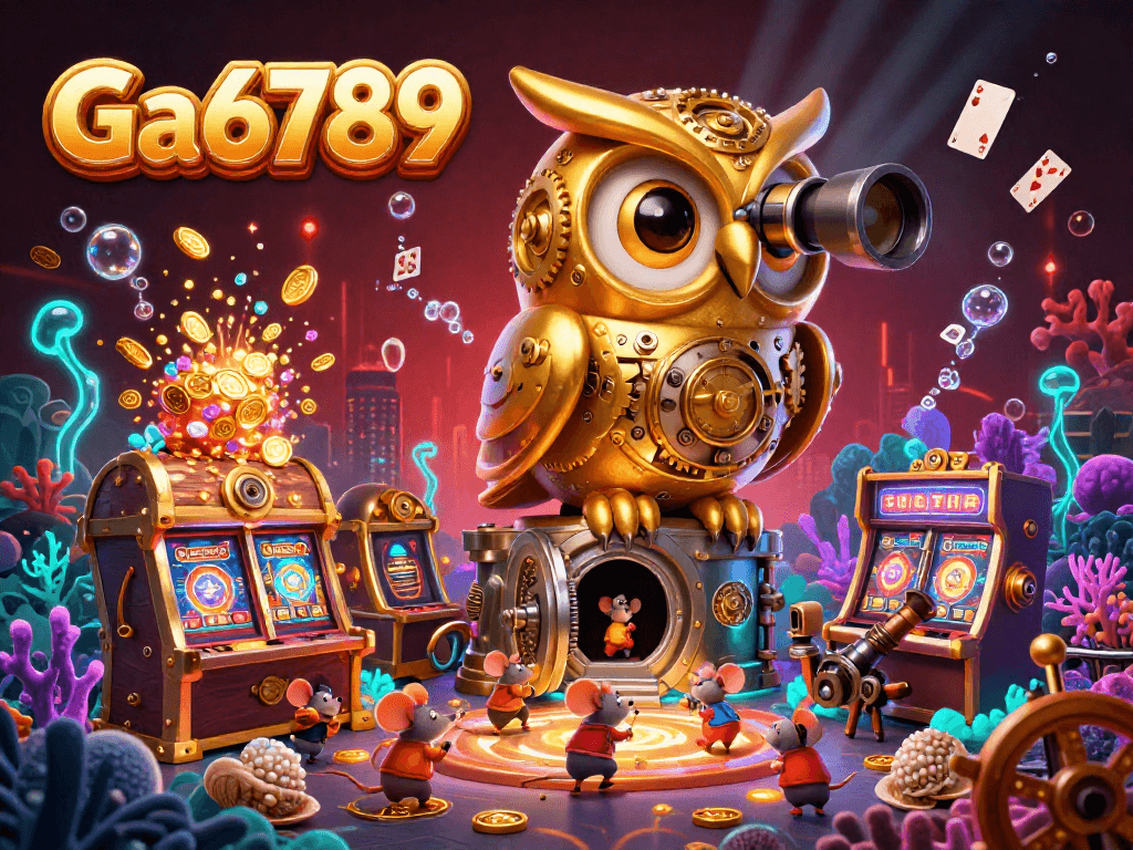 Engage with Ga6789 in this vibrant 3D scene showcasing a golden owl on a vault amidst lively casino elements.