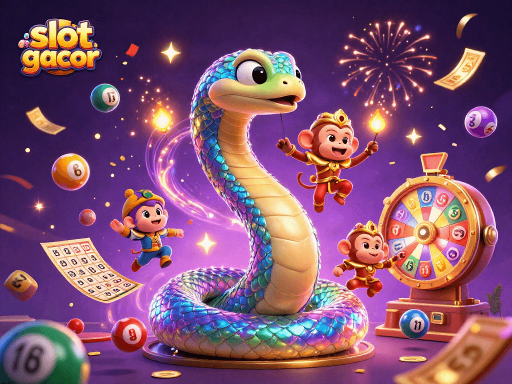 Engage with slot gacor while witnessing a vibrant casino scene filled with colorful lottery elements.