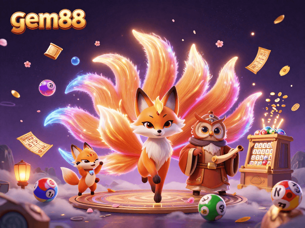Experience excitement at gem88 with vibrant spirits, colorful lottery balls, and dynamic casino elements.